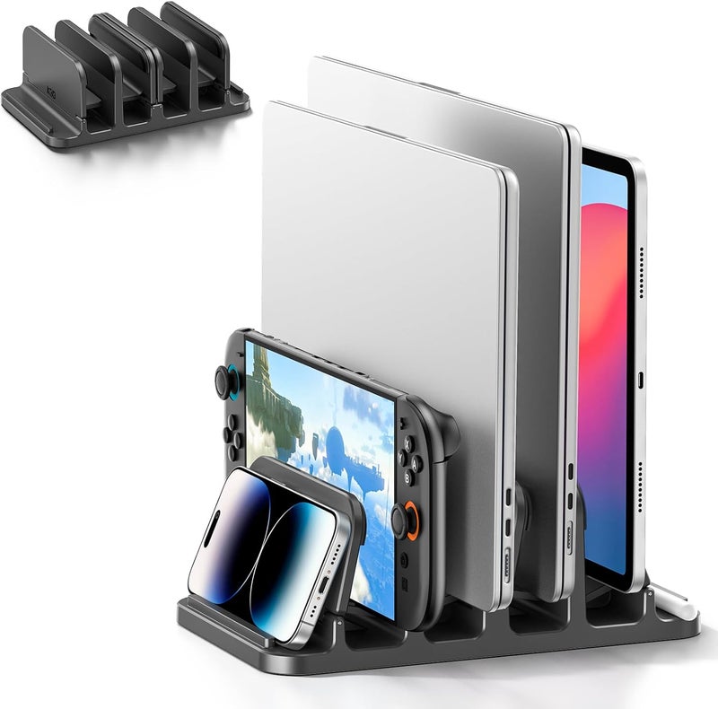 KDD 4-Slot Vertical Laptop Stand with Gravity Locking, 6-in-1 Laptop Holder Desktop Stand, Space-Saving Organizer Fits MacBook/Surface/HP/Dell/Book/Tablet/Switch/Cell Phone and Keyboard - Image 1